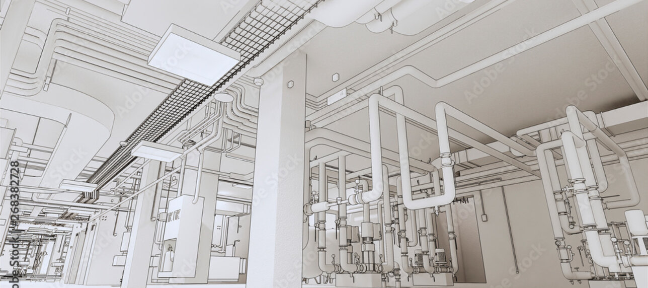 Konzeptionelle Visualisierung des BIM-Modells der internen technischen Kommunikationswege des Gebäudes im Zeichenzeichnungsstil