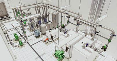 Conceptual visualization of the BIM model of the building's internal technical communication paths in drawing style