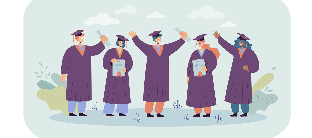Happy graduated student standing and holding diplomas isolated flat illustration