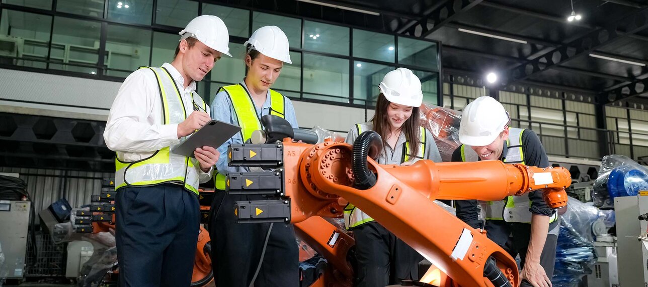Team checkt einen Industrieroboter der im Vordergrund steht, in einer großen Fabrikhalle