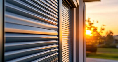 Nahaufnahme eines modernen Rollladensystems mit Elektromotor bei Sonnenaufgang, das elegantes Design und Technologie vor einem sanften, pastellfarbenen Himmel zeigt